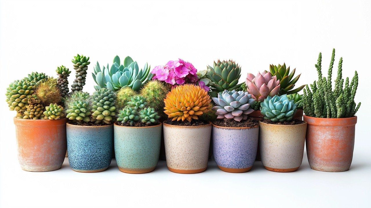 Assorted indoor cacti and succulent plants in stylish pots, isolated against a clean white background