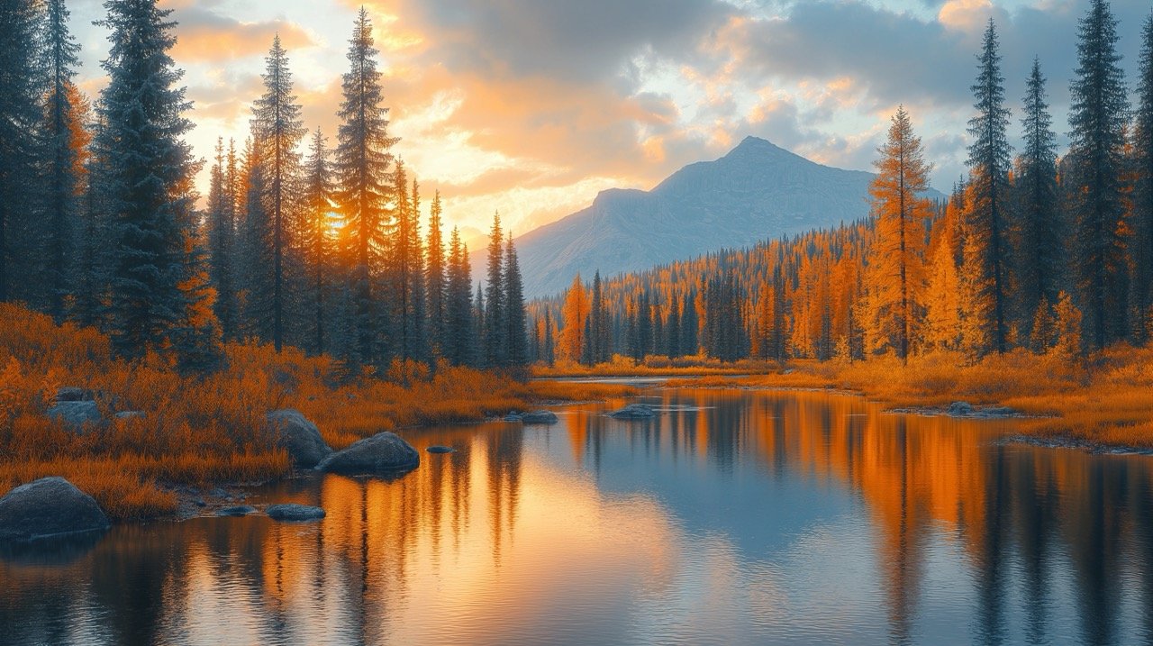 Autumn Mountain River at Sunset Scenic Forest Landscape with Winding Water and Gorgeous Evening Light