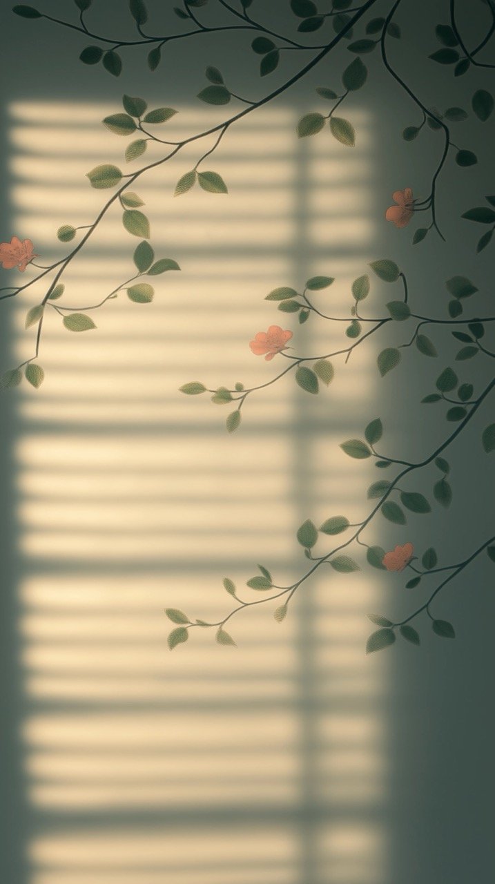 Background with Floral Branch and Beautiful Window Shadow, Capturing Aesthetic Plant Beauty and Natural Shadows