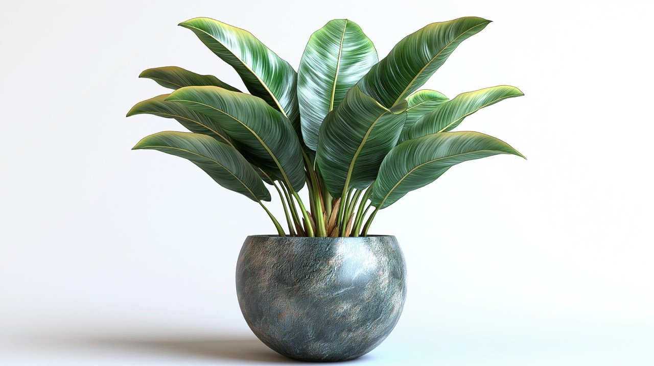 Banana plant in a modern stone marble vase, 3D rendering, cut-out on a pure white background