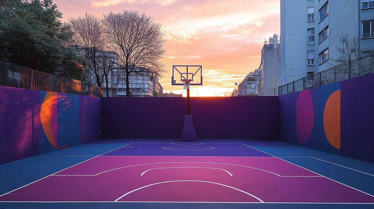 Basketball Court at Daytime Summer Sunrise with Purple and Orange Theme, Sports Images of Hoops and Free Throws