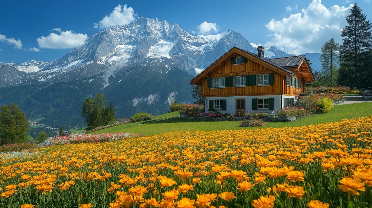 Beautiful Springtime Landscape in the Alps – Blooming Meadows and Mountain View in Swiss Alps Photo