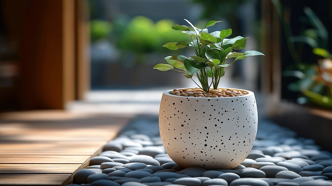 Beautiful garden space with a large white terrazzo plant pot and green tree on a wooden terrace.