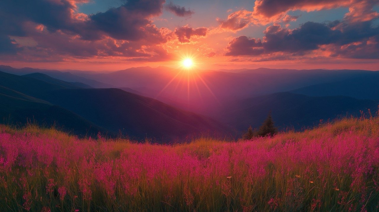 Sunset Over Mountain Valley Beautiful Natural Summer Landscape with Breathtaking Mountain Scenery