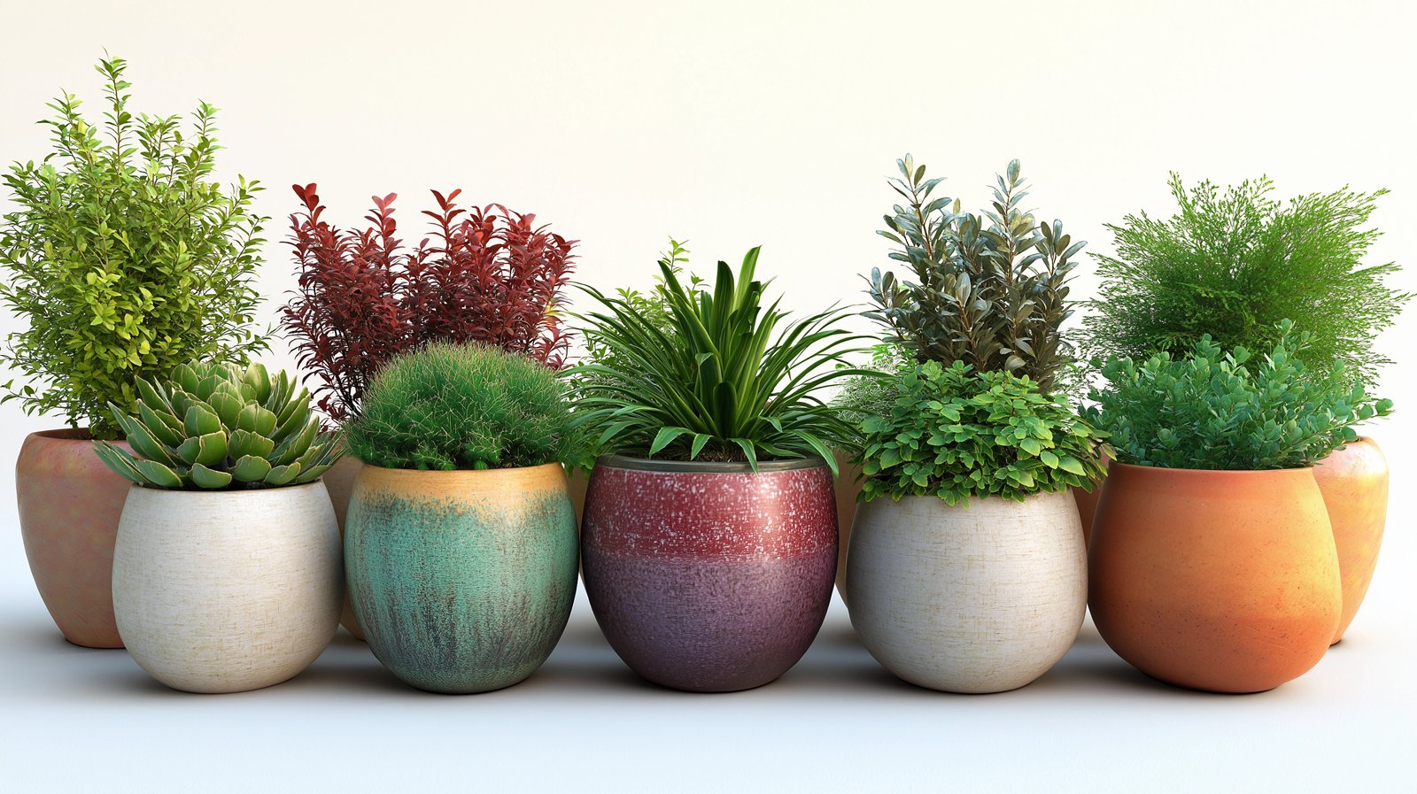 Beautifully rendered 3D collection of various plants in ceramic pots, isolated against a crisp white backdrop