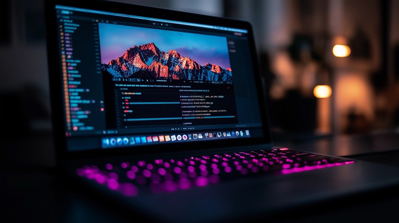 Black Laptop Computer Displaying Music Player Electronics, PC Monitor Screen, and LCD Hardware Keyboard in Use.