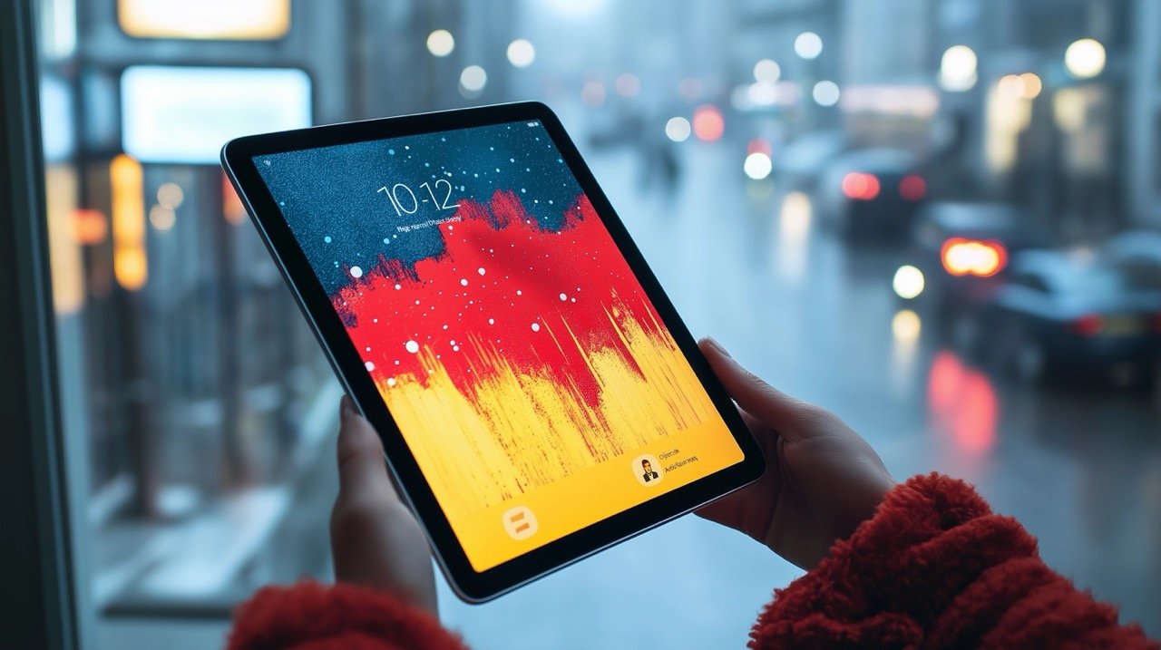 Black iPad Held by Person in Red Night Setting HD Screen Wallpapers, Apple Images, and Tablet Tech Photos.