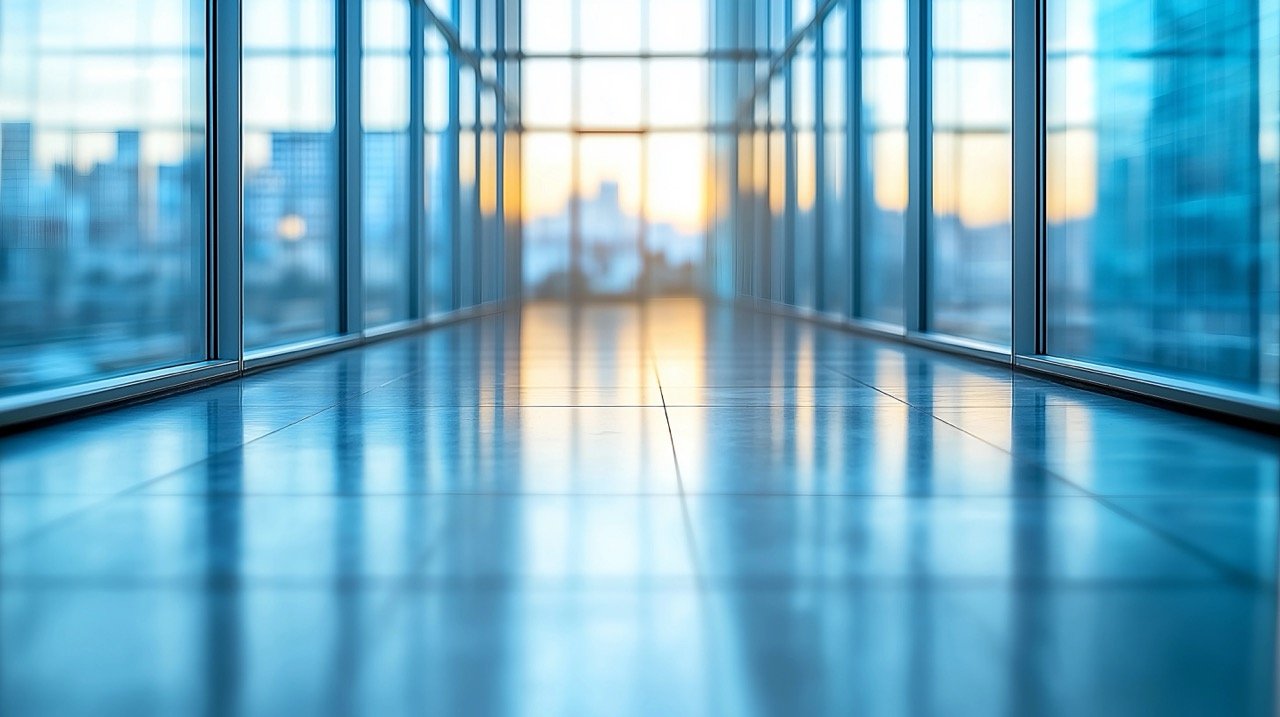 Blurred abstract grey glass wall background, featuring a defocused building window for a modern business setting.