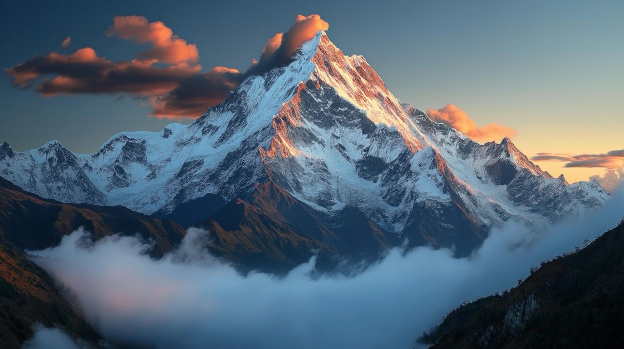 Breathtaking Sunrise Over Machapuchare Mountain – Snow-Capped Annapurna Himalaya Peak with Dramatic Dawn Sky