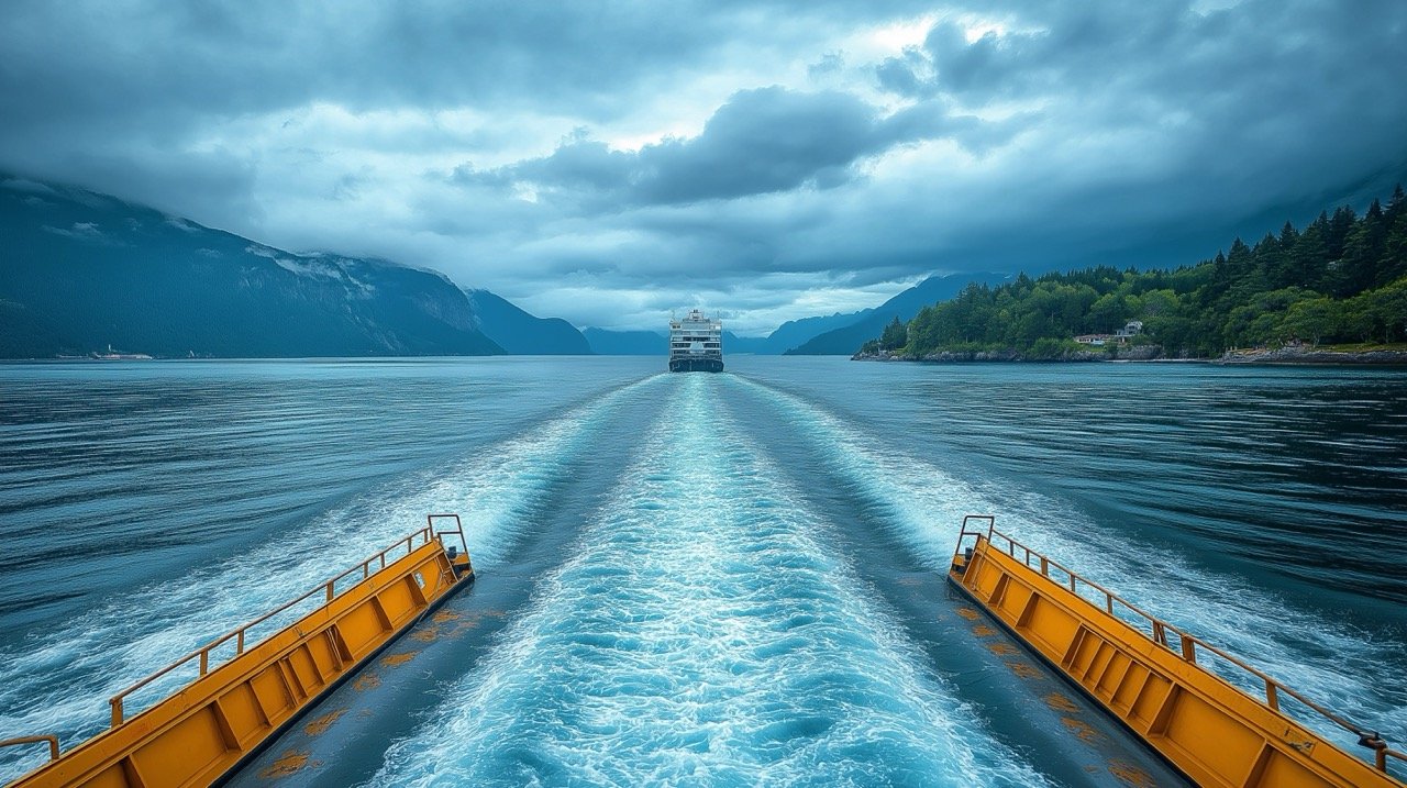 British Columbia Ferry Leaving Nanimo Harbour on a Cloudy Day, Blue Bay of Water, Stock ImageBritish Columbia Ferry Leaving Nanimo Harbour on a Cloudy Day, Blue Bay of Water, Stock Image