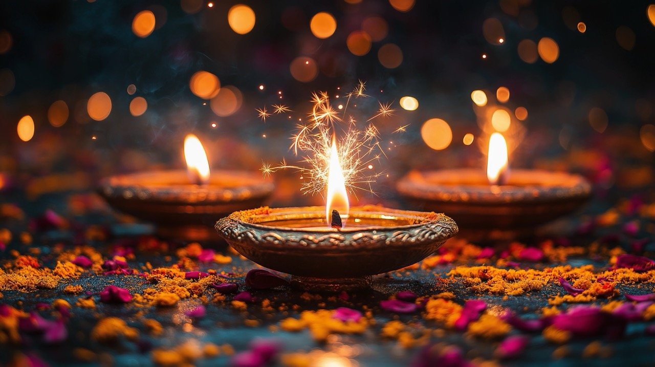 Celebrating Diwali Lighting a Sparkler with a Diya Lamp – Festive Fireworks and Tradition