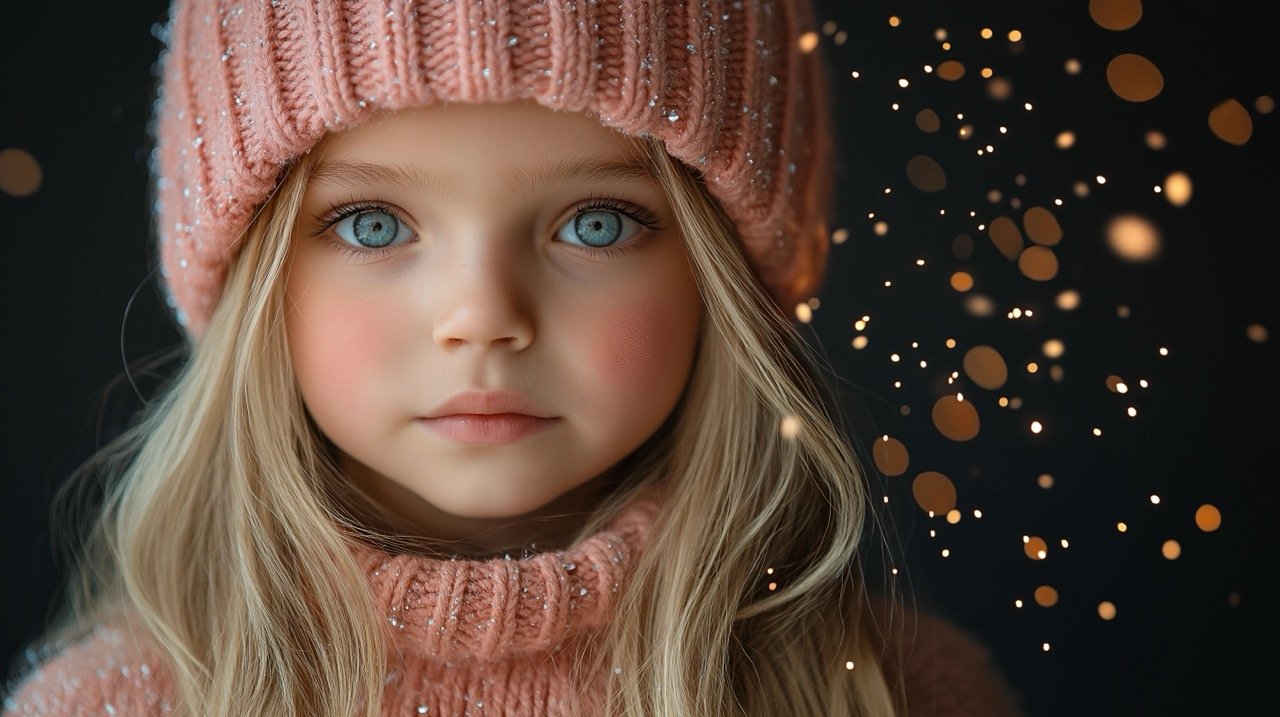 Charming Little Girl in Pink Knitted Hat Holding Fireworks Against Black Studio Background for Christmas Celebration