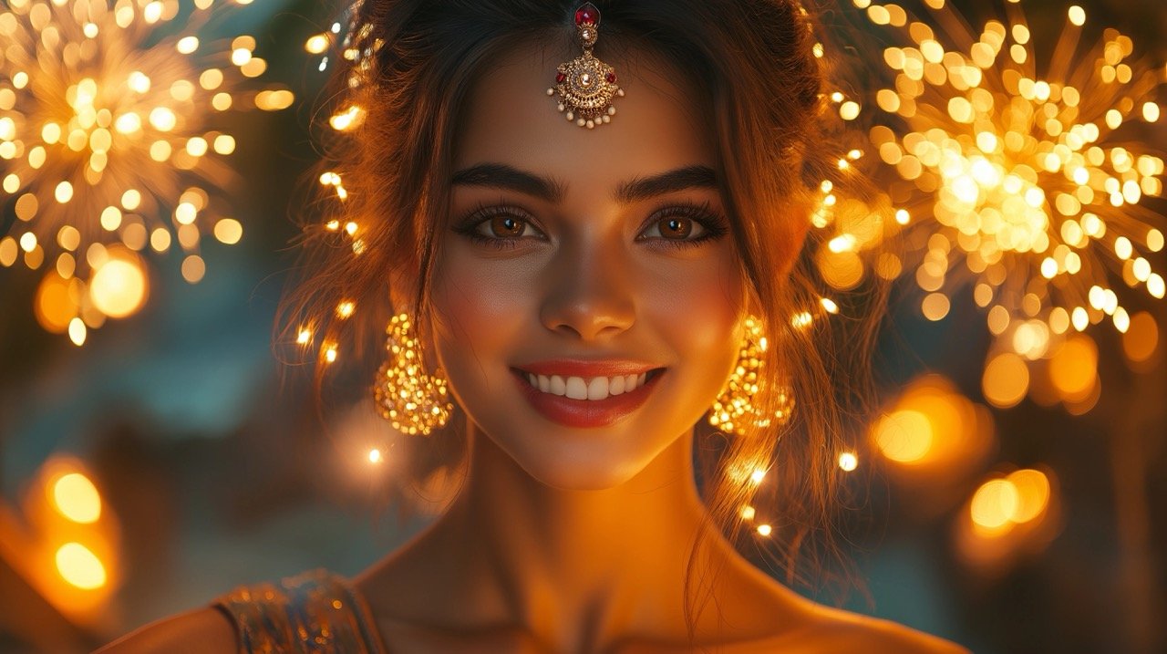 Charming Young Woman with Two Bengal Lights A Celebration of Beauty and Happiness