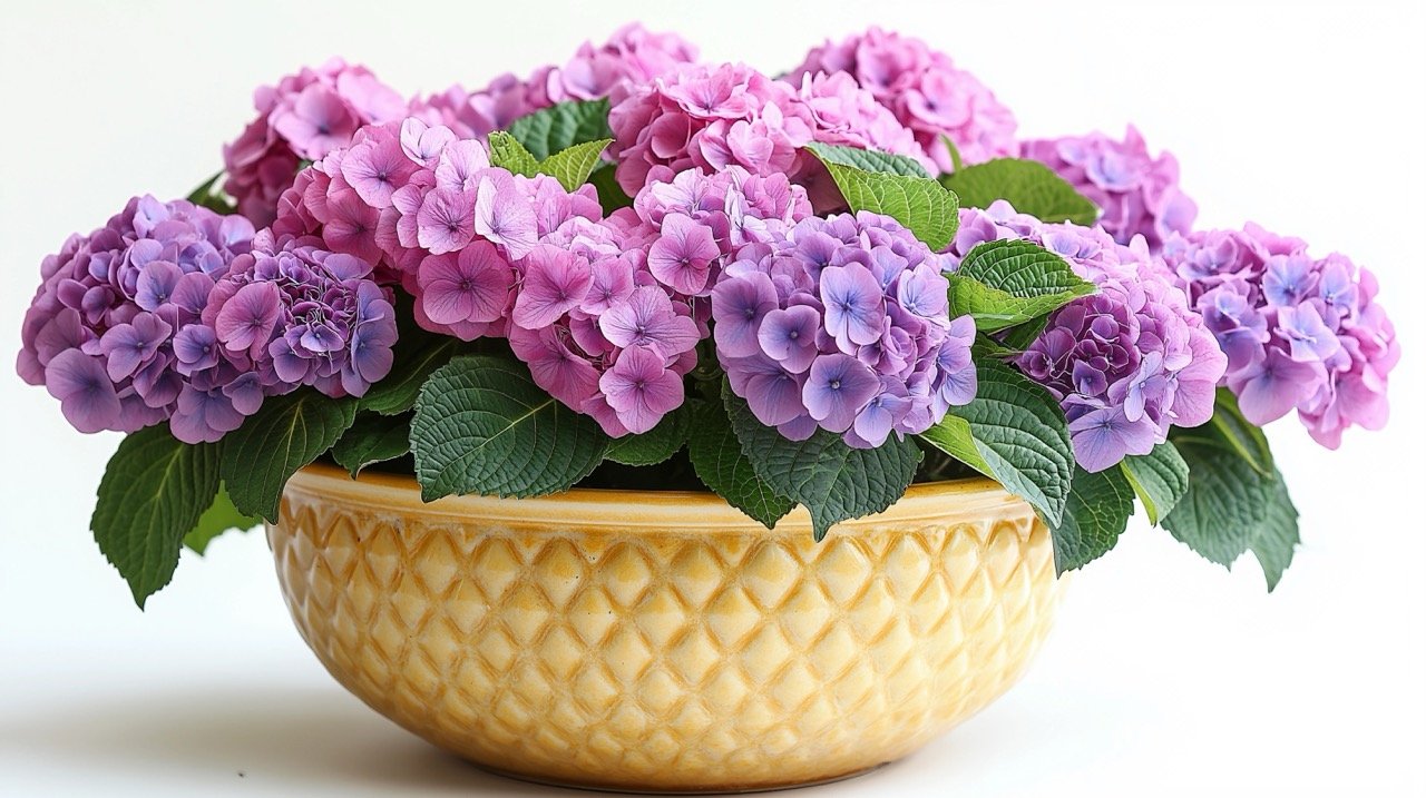 Charming pink hydrangea in a vibrant yellow pot, featured against a bright white background for decor