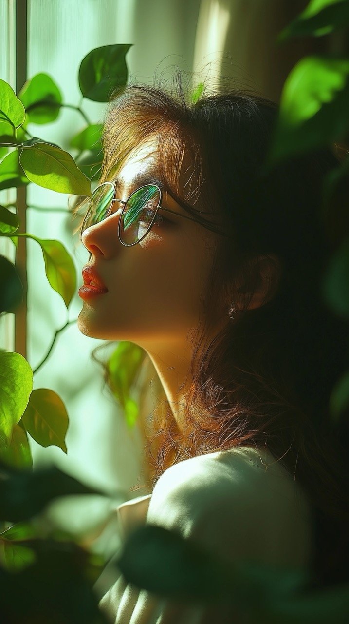 Cinematic Portrait of a Girl in Green Light with Indoor Plants, Highlighting Natural Beauty and Serenity