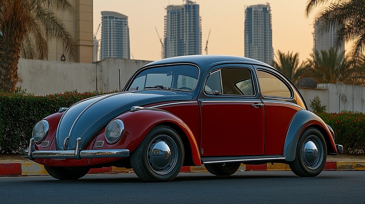 Classic Red Car Parked Near White Building, HD Retro Wallpapers, Vintage Volkswagen Beetle in Dubai