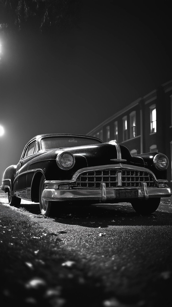 Classic Vehicle in Greyscale Night Photo on Ground, Vintage Car Backgrounds from St. Paul, USA