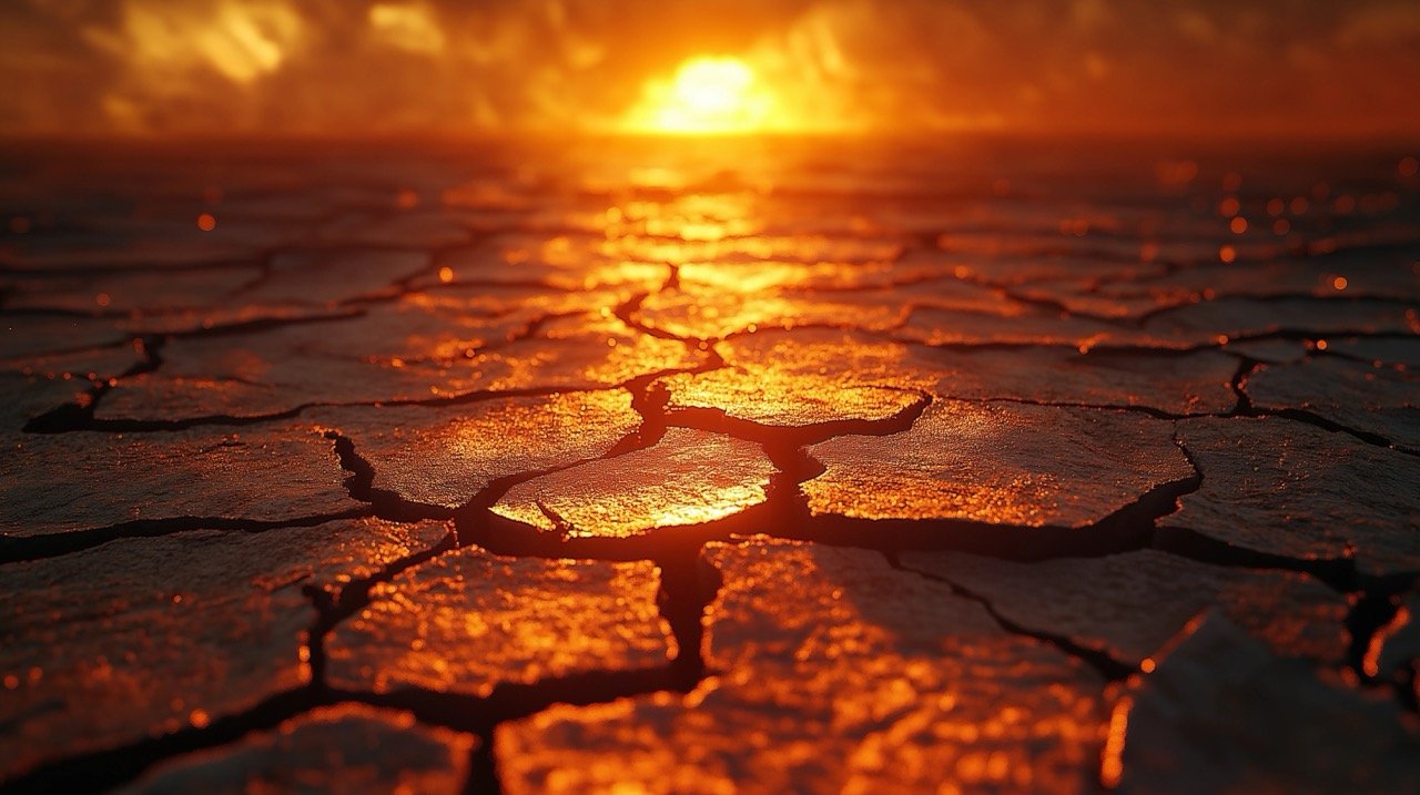 Climate Change Landscape Cracked Earth and Scorched Soil at Sunset in Desert Area Highlighting Global Warming