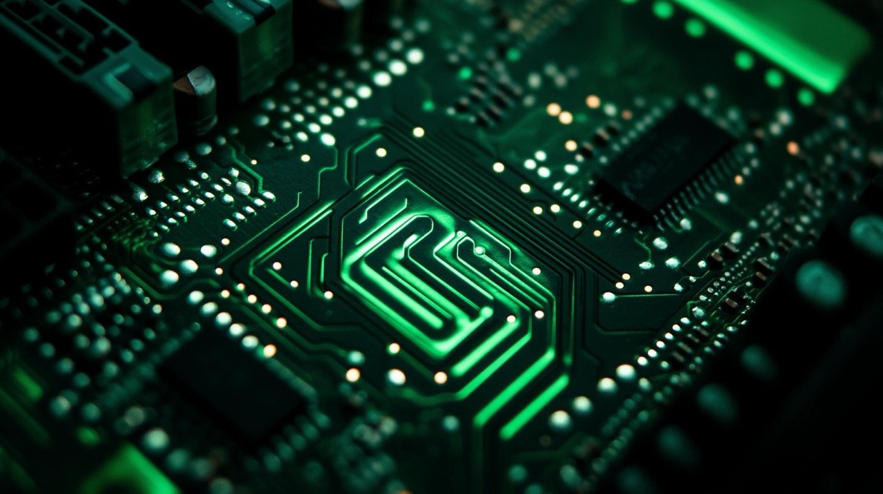 Close-Up View of a Dark Computer Motherboard PCB Technology, Circuit Schematics, and Electronics with HD Green Wallpaper.