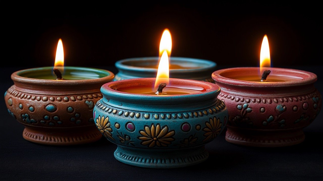 Close-Up of Colorful Handmade Clay Diyas Lit for Diwali Night, Celebrating India’s Festival of Lights