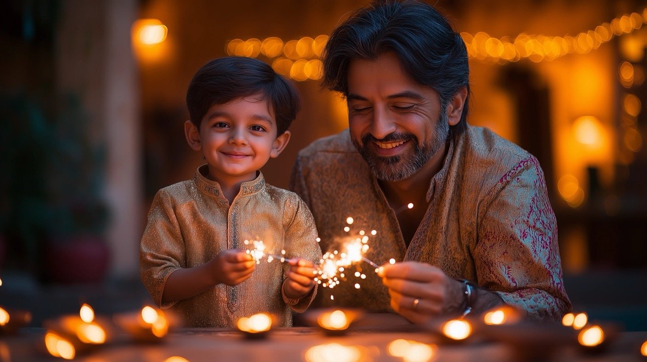 Close-Up of Indian Man in Kurta Celebrating Diwali with Young Son Holding Lit Sparklers Together