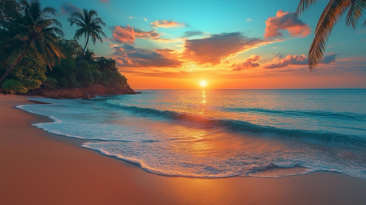 Coconut Trees and Turquoise Indian Ocean at Sunset Colorful Palm Silhouettes on Hikkaduwa Beach