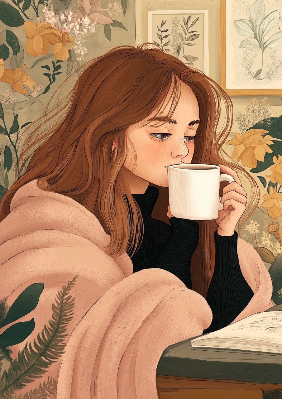 Colorful Illustration of Girl Wrapped in Blanket, Enjoying Coffee from White Mug – Soft Pastel Digital Art