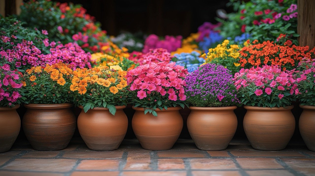 Colorful summer flower container display on a patio, showcasing vibrant container gardening ideas for inspiration.