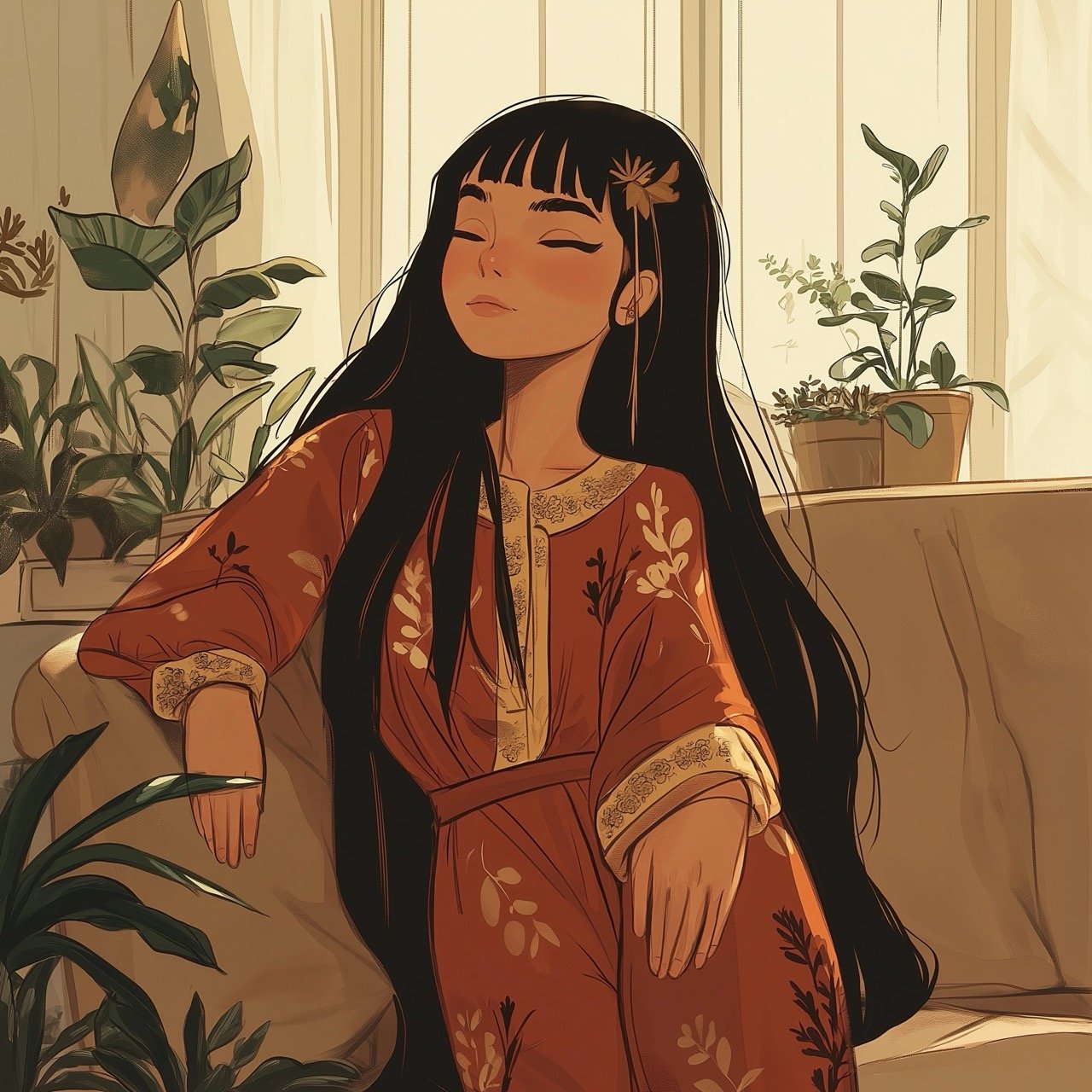 Cozy Room Illustration with Lofi Girl in Red Pajamas on Sofa, Anime Style and Plants Background