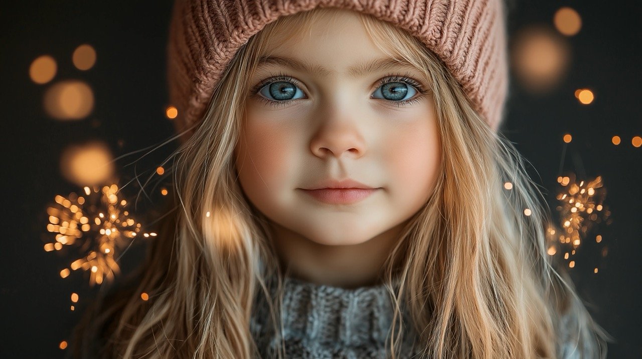 Cute Blonde Child with Pink Hat Enjoying Fireworks Sparks on Black Background During New Year Festivities