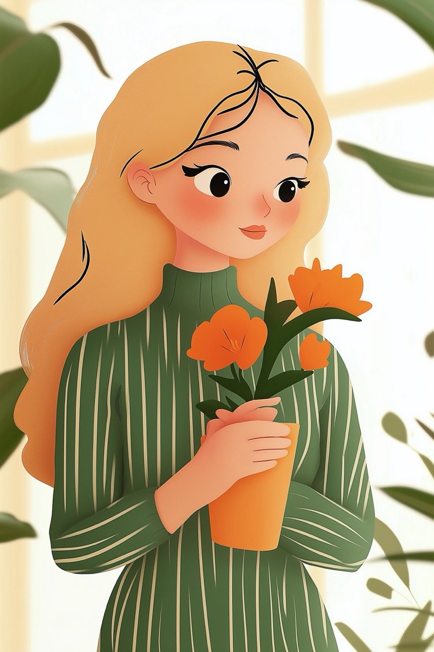 Cute Illustration of Woman in Green Stripes Holding Orange Flower, Matisse Style Hand-Drawing with White Background