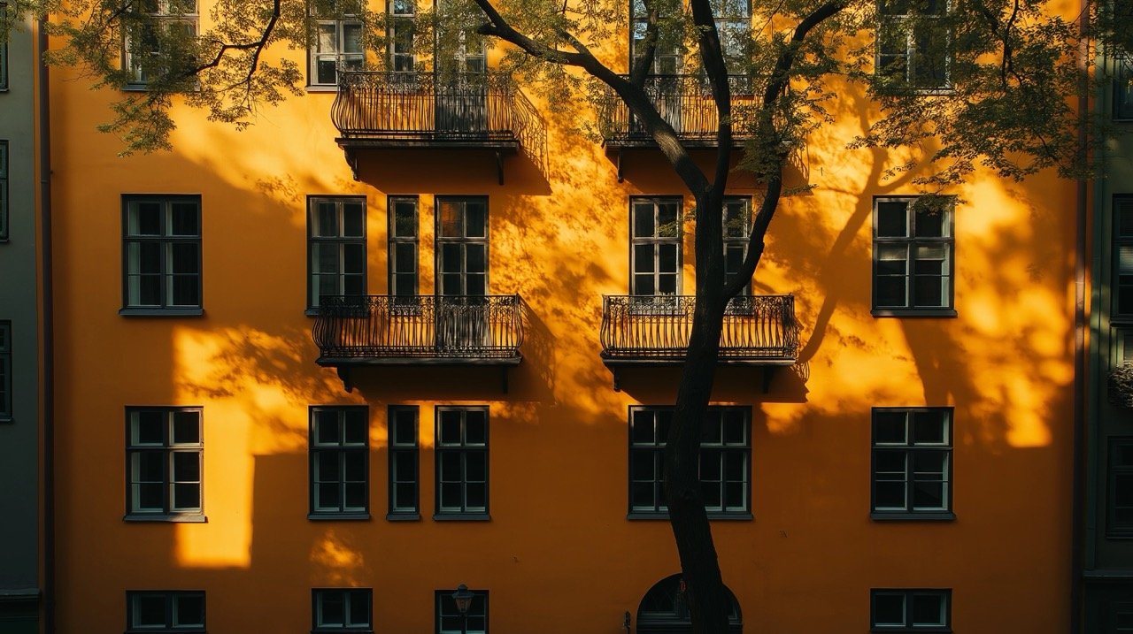 Daytime Retro Scene of Orange Concrete Building with Tree Shadow, Stockholm Sweden – Summer Evening Wallpaper