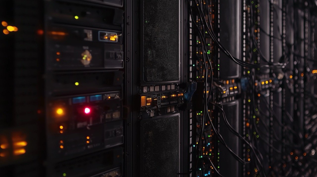 Detailed View of Server Room Electrical Power Grid, Cables, Wires, and Network Circuits with Technology Background.