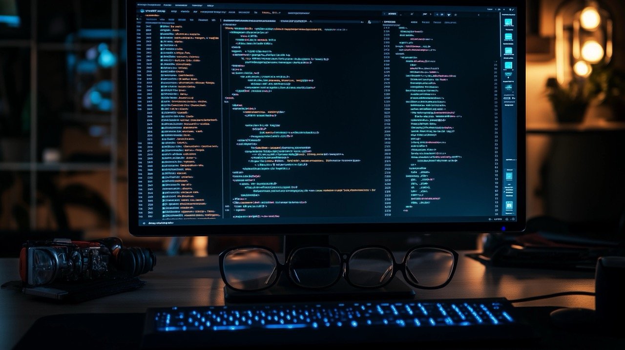 Developer Coding on Black Flat-Screen Monitor Software, HTML, CSS in a Dark Home Office with Glasses.