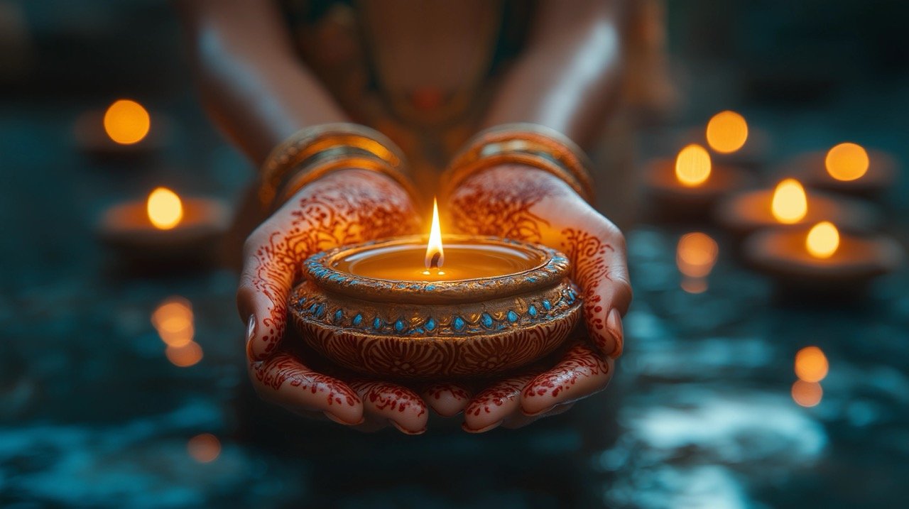 Diwali Background Featuring Woman’s Hand Lighting Diya Lamps with Intricate Mehndi and Colorful Bangles