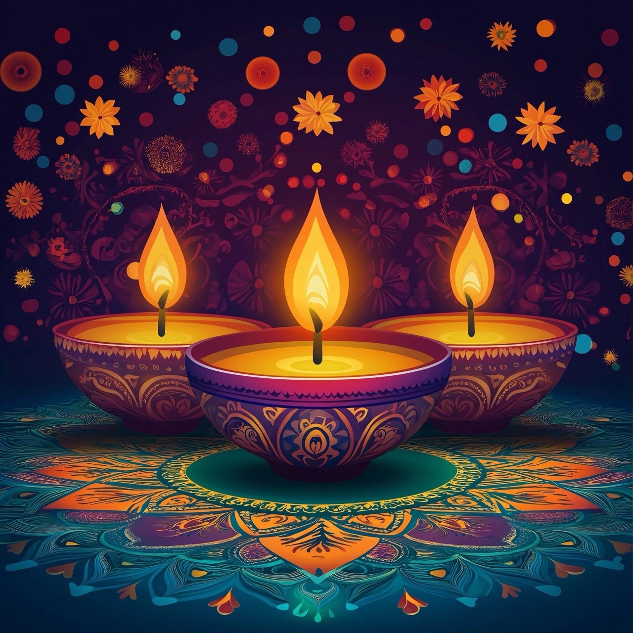 Diwali Background with Candles and Mandala, Featuring Vibrant Colors and Traditional Hindu Festival Celebration