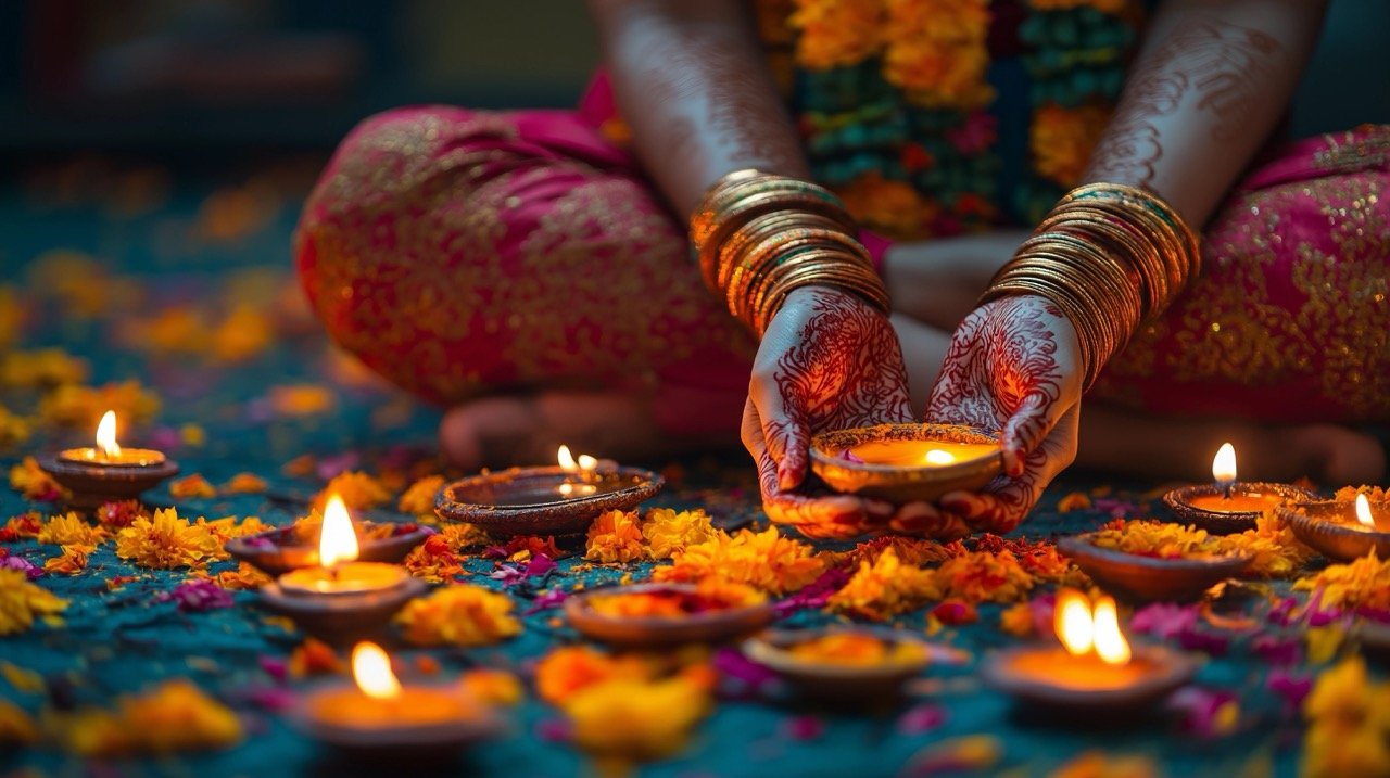 Diwali Celebration Beautiful Woman Lighting Diya Lamps on Dark Background with Mehndi and Bangles