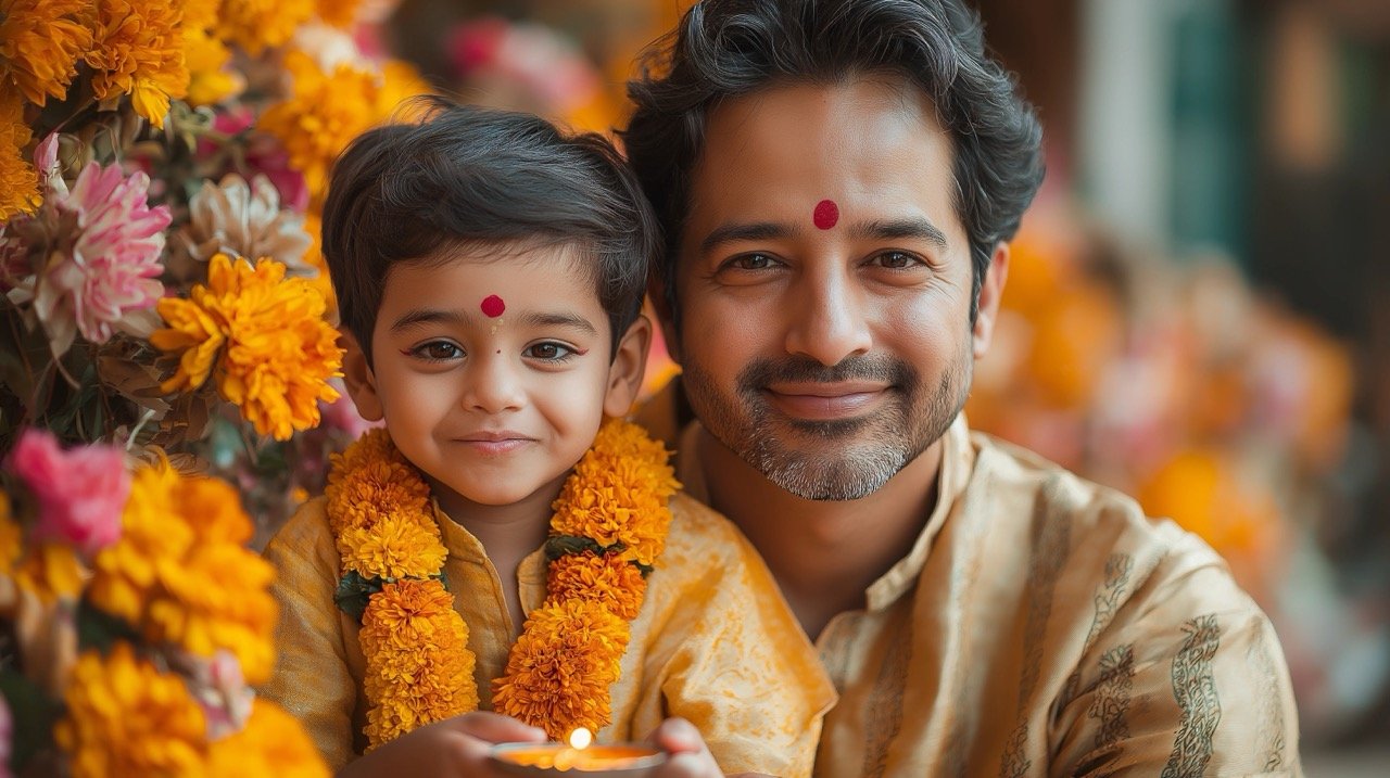 Diwali Celebration Close-Up of Indian Father in Traditional Kurta and Son with Sparklers and Fireworks