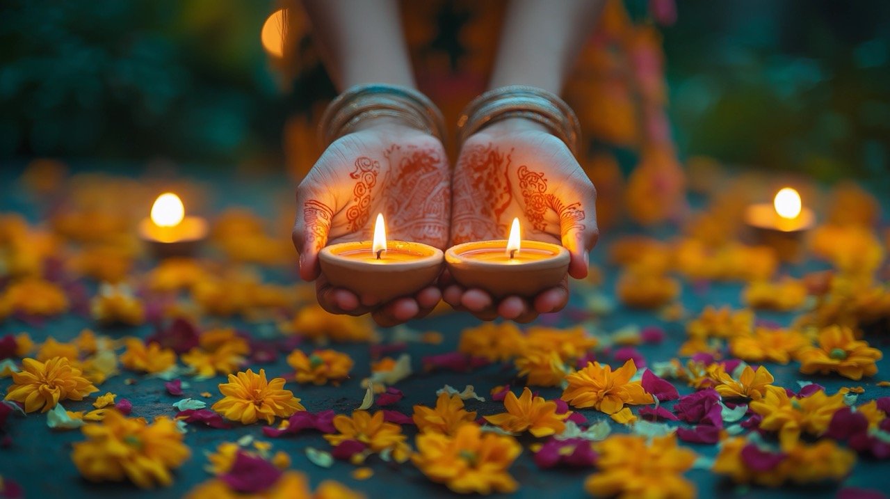 Diwali Celebration Woman’s Hand Lighting Traditional Diya Lamps on a Dark Background for Festivity