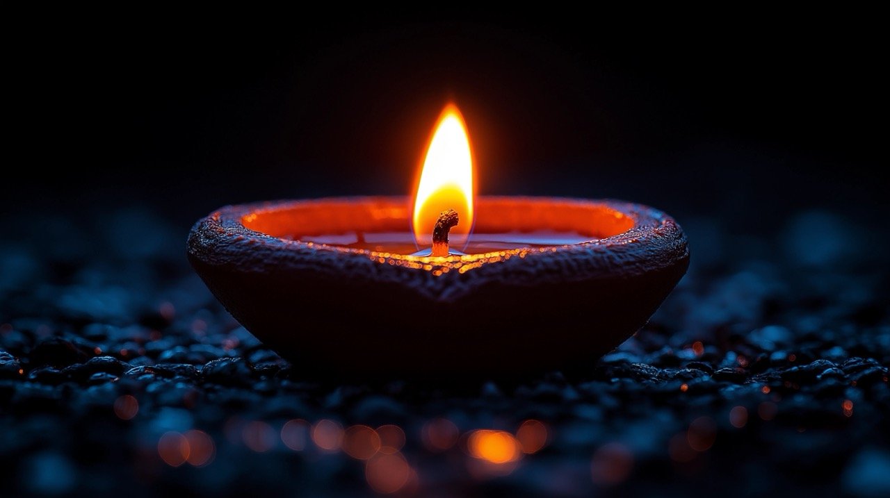 Diwali Deepavali Festival Close-Up of Clay Diya Lamp Illuminated on Dark Background for Celebration