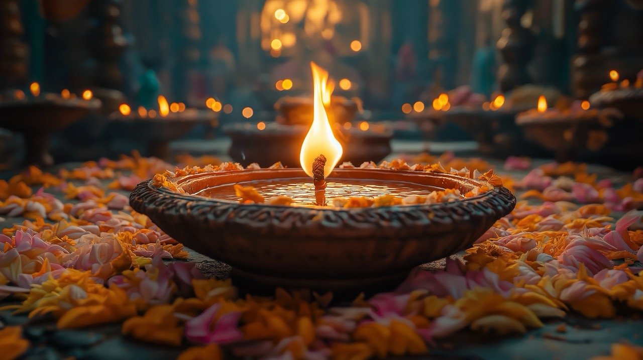 Diwali Diya Lighting Up a Grand Rural Home in India, Showcasing Cultural Traditions and Celebratory Decor