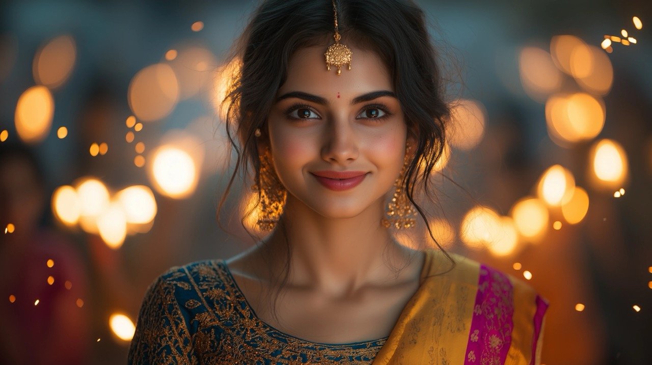 Diwali Festival Celebration Beautiful Young Woman of Indian Ethnicity Embracing Joy with Fire Crackers