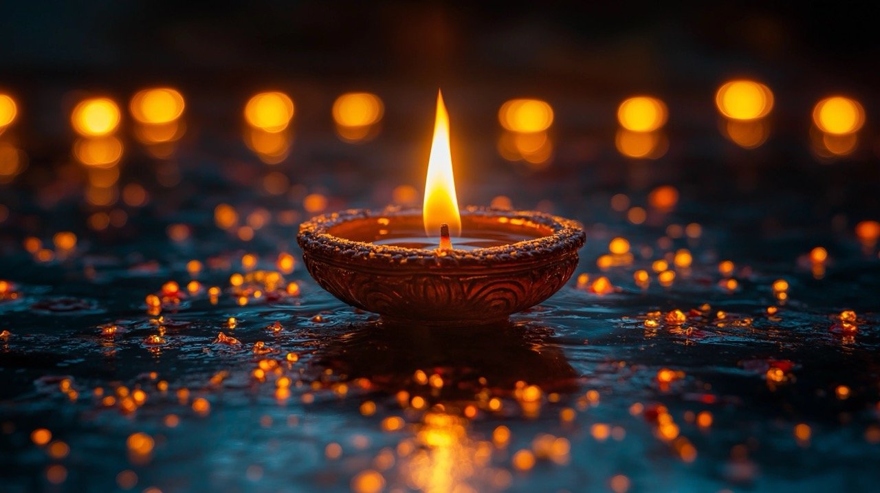 Diwali Festival Celebration Featuring Bright Burning Oil Lamps Against a Beautiful Background for Indian Tradition