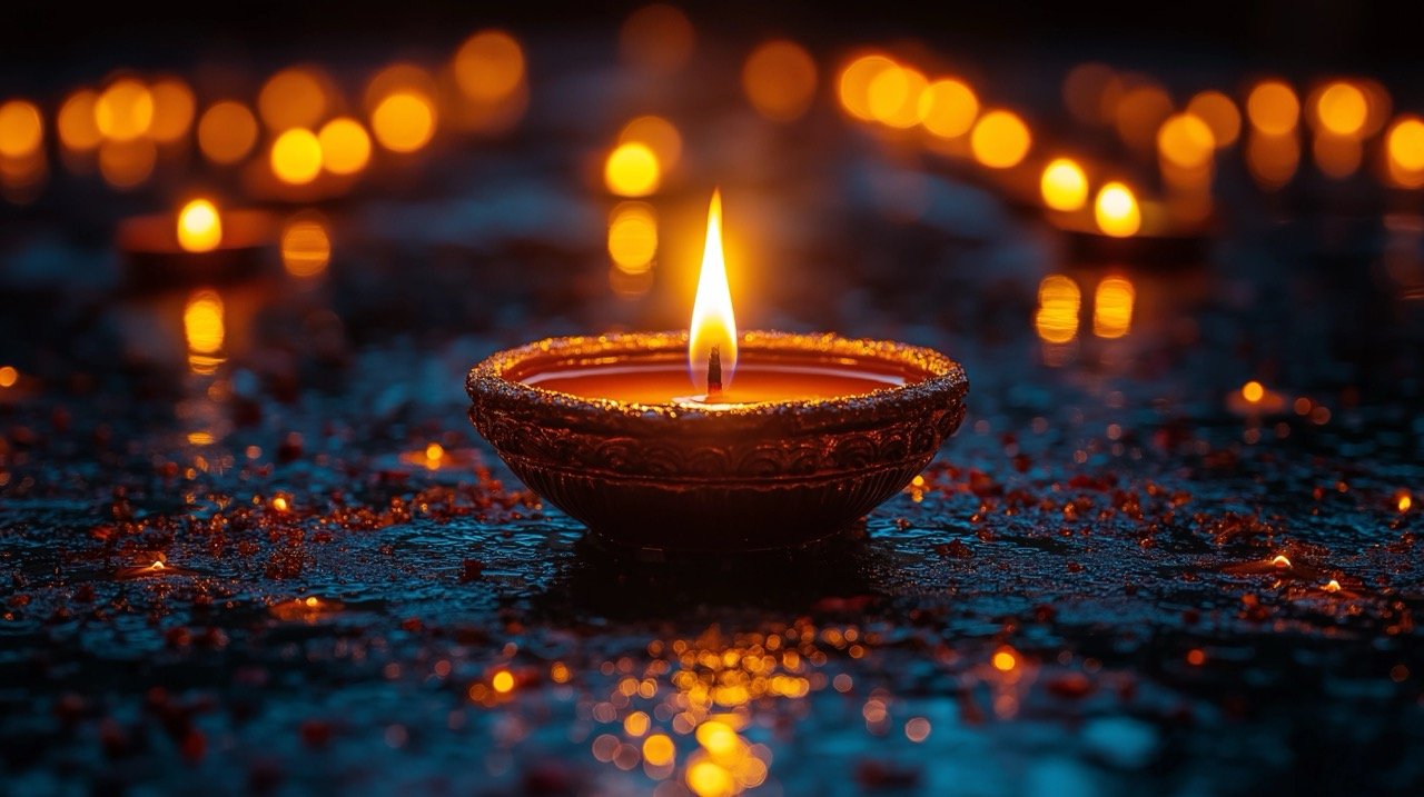 Diwali Festival Celebration with Brightly Burning Oil Lamp, Symbolizing Beauty and Joy of Indian Culture