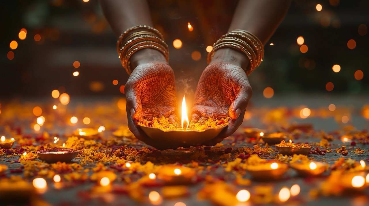 Diya Lamp Lighting a Sparkler for Diwali Festival Celebration – Joyful Indian Cultural Tradition