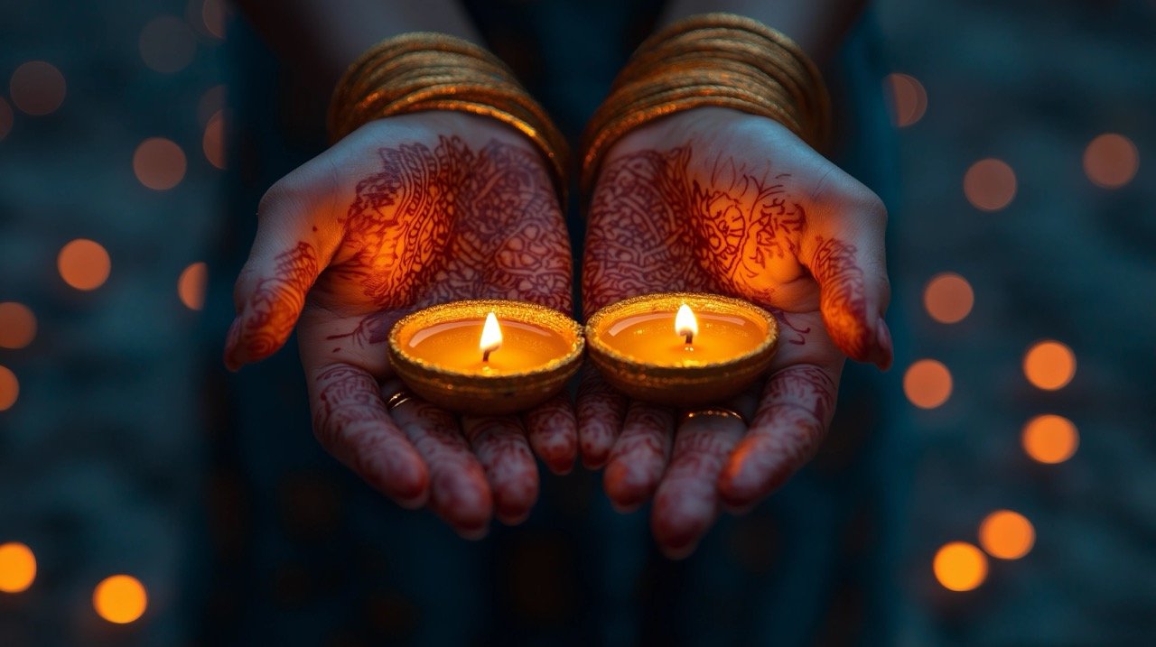 Elegant Diwali Scene Woman’s Hand Illuminating Diya Lamps on Dark Background with Mehndi and Bangles