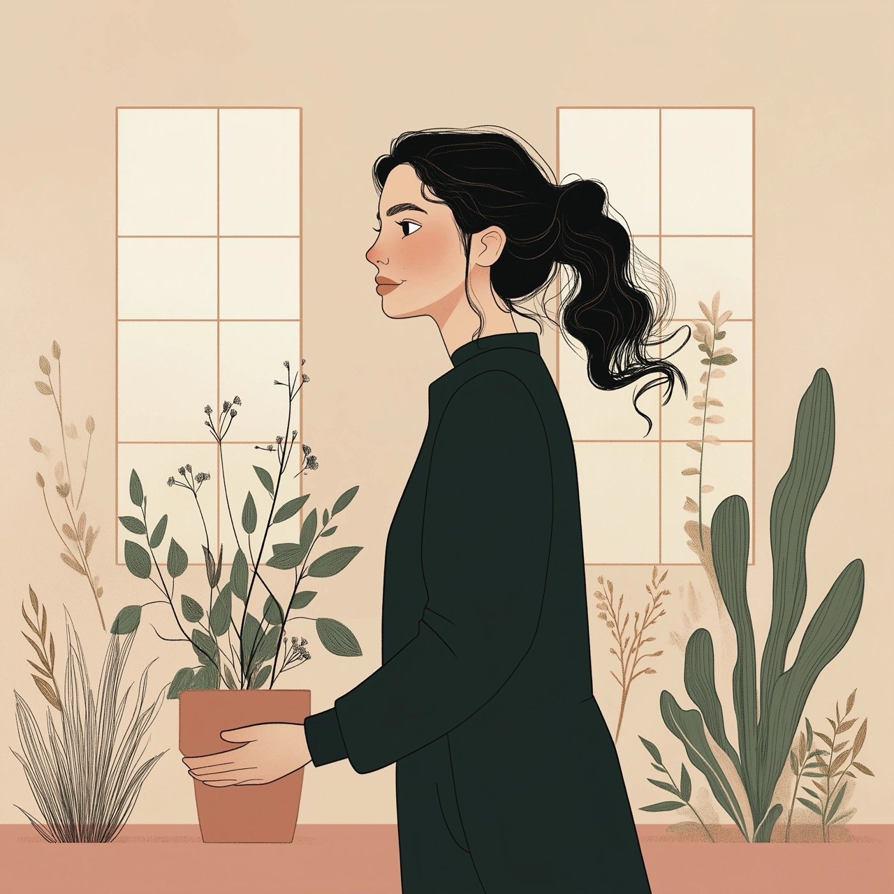 Elegant Flat Illustration of Woman with Old Pink Background, Capturing Nature’s Beauty and Warm Charm