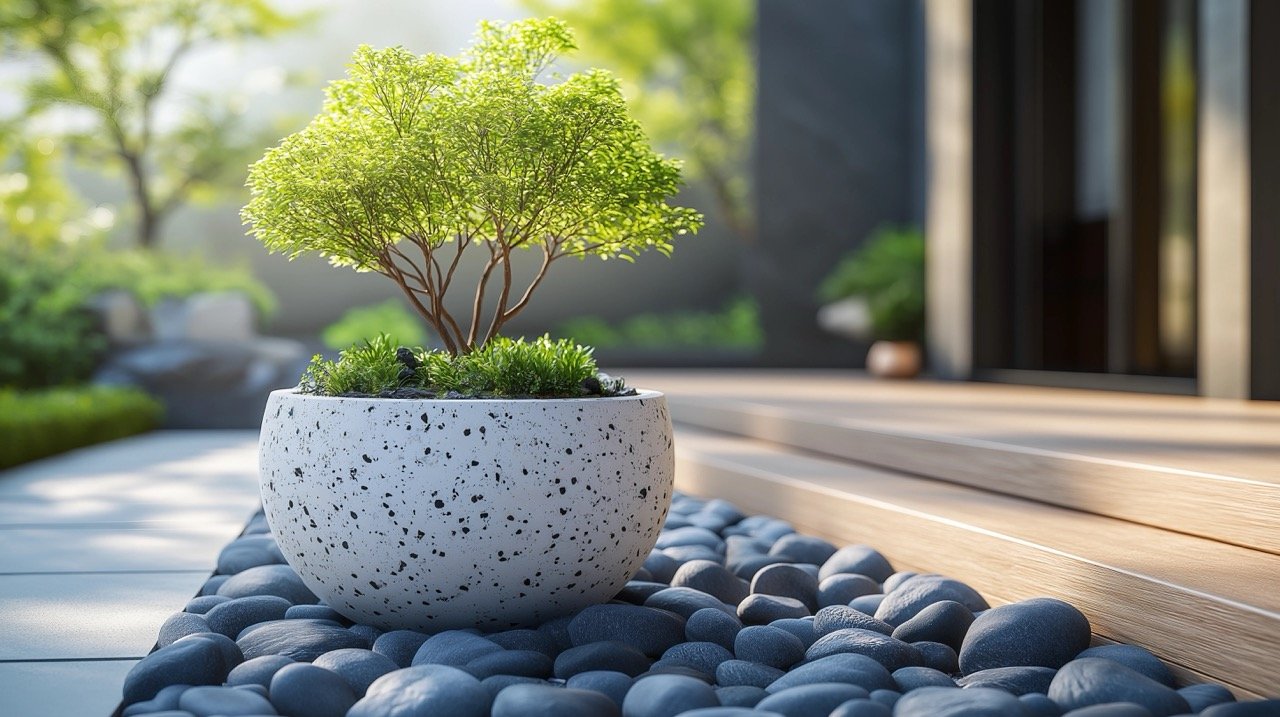 Elegant green plant in a big white terrazzo pot, decorating a stone garden on a wooden terrace.