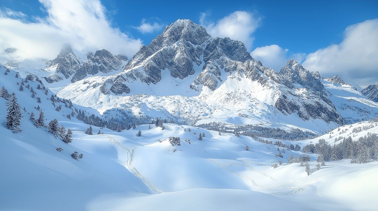 European Snowy Mountain Peaks – Winter Landscape Featuring Glaciers and Ideal for Winter Sports