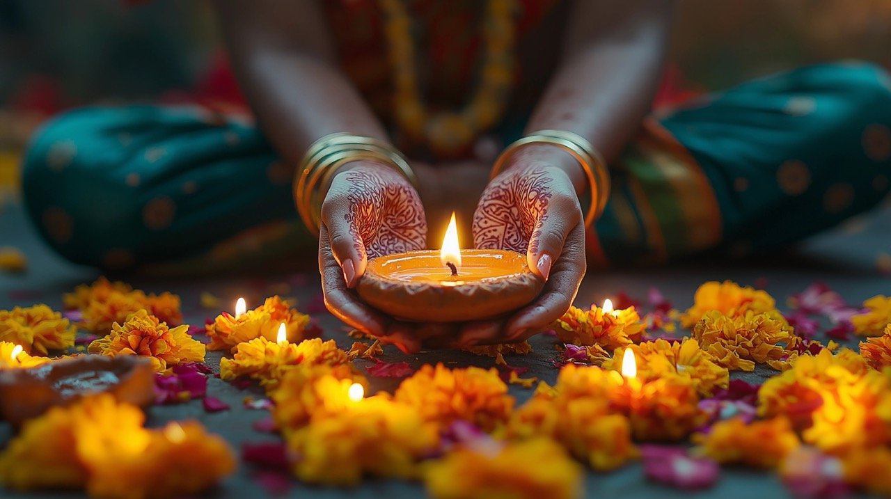 Festive Diwali Scene Woman Hand Illuminating Clay Diya Lamps in a Dark Background Setting